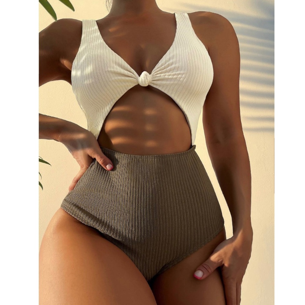 4/$25 Color Block Cut-Out One Piece Swimsuit in Cream and Brown sz Small Knot